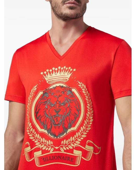 Billionaire Red Lion-Print V-Neck T-Shirt for men