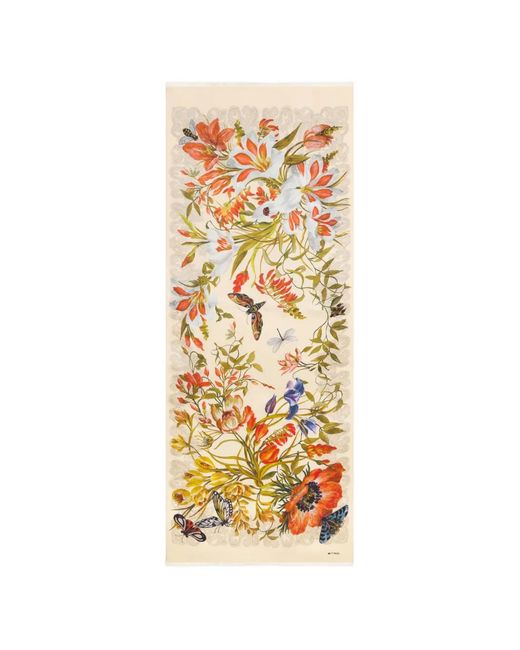 Etro Metallic Silk Scarf With Flora And Fauna Motif