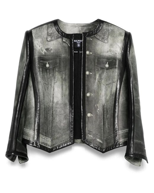 Balmain Black Denim-Print Leather Jacket