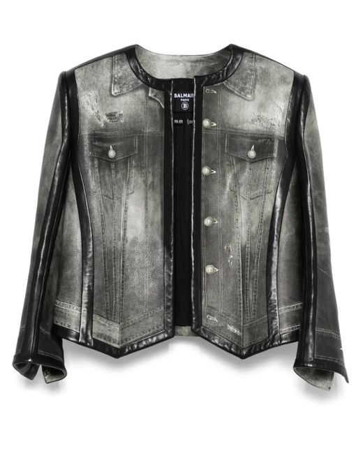 Balmain Black Denim-Print Leather Jacket