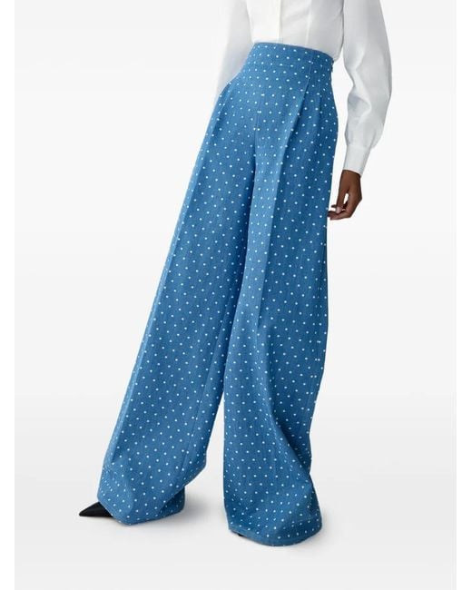 Carolina Herrera Blue Polka-Dot Denim Wide-Leg Marisol Pants