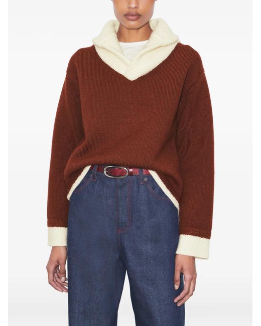Tory Burch Brown Contrast Collar Wool Sweater