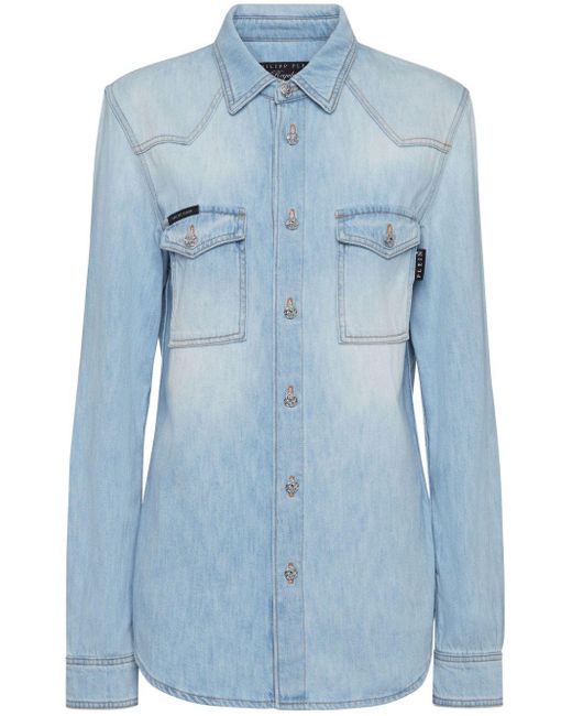 Philipp Plein Blue Crystal-embellished Denim Shirt