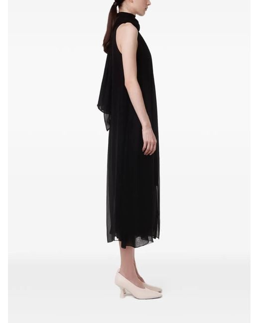 Another Tomorrow Black Scarf-Detail Midi Dress