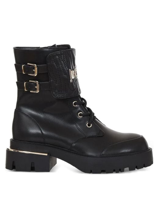 Just Cavalli Black Logo Buckled Combat Boots