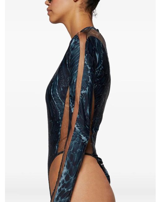 Mugler Black Snake-Print Mesh Bodysuit