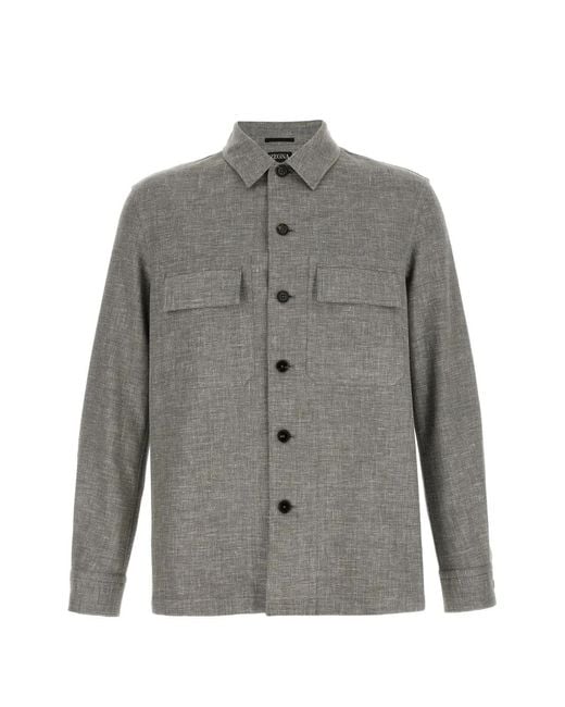 Zegna Gray Crossover Mélange-Effect Shirt for men