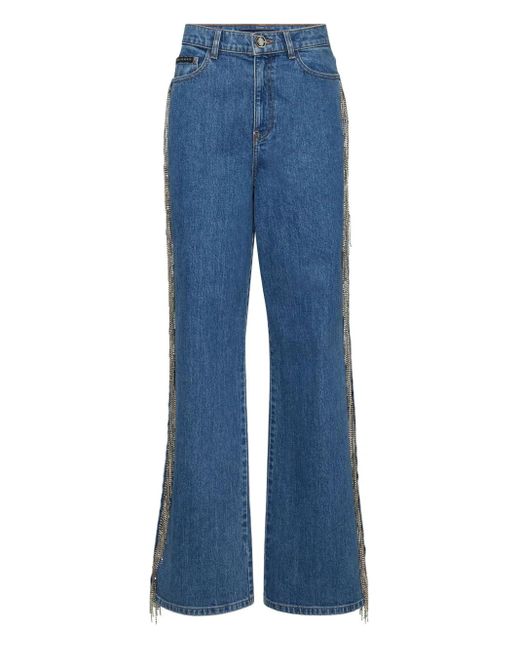 Philipp Plein Blue Skater Fit Jeans Crystal Fringes