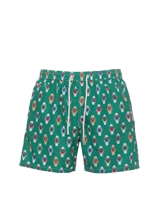 Mc2 Saint Barth Green Watch-Print Drawstring Swim Shorts for men