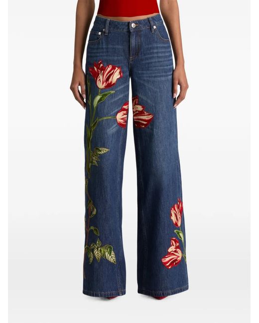 Alice + Olivia Blue Amazing Floral-Embroidered Jeans