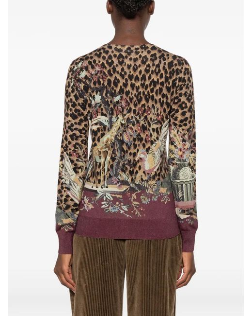Etro Brown Leopard-Print Floral-Intarsia Cardigan