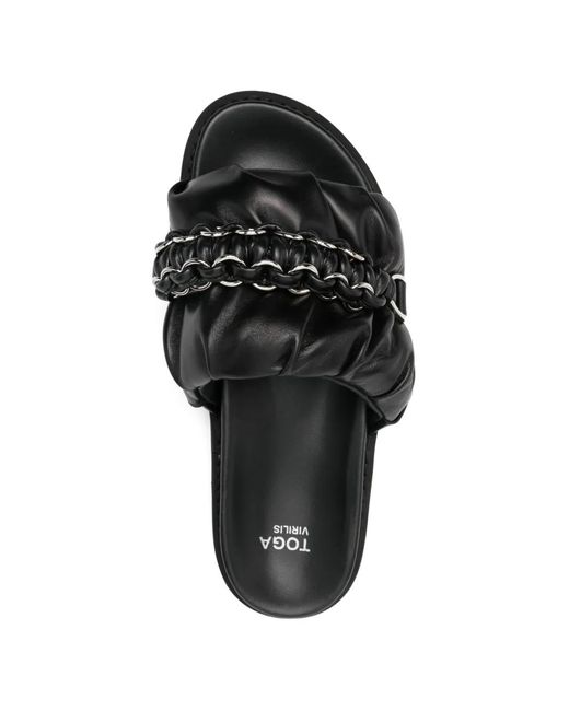 Toga Virilis Black Chain-Detail Gathered Leather Sandals for men