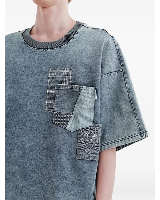 Musium Div. Blue Patchwork-Detail Acid-Wash T-Shirt for men