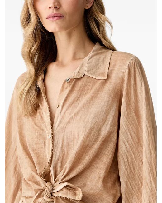 Haveone Brown Balloon-Sleeve Tie-Front Blouse