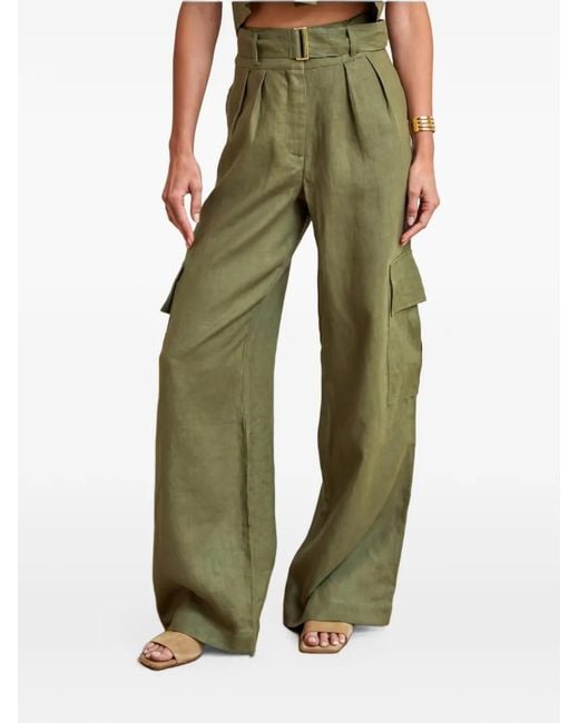 Hevron Green Belted Pleated High-Wasted Cargo Pants
