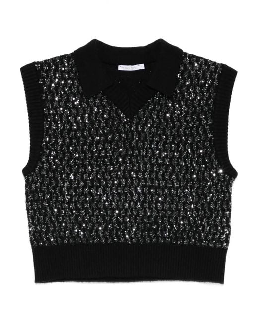 Patrizia Pepe Black Deep V-Neck Sequined Vest With Ribbed Detailing