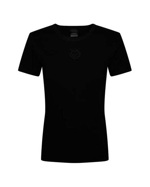 Pinko Black Fine-Rib T-Shirt With Love Birds Embroidery