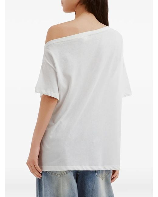 Mini Cream White Rhinestone-Embellished Asymmetric-Collar Cotton T-Shirt