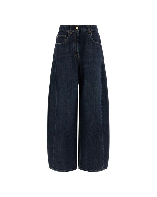 Brunello Cucinelli Blue Monile-Detail Wide Barrel Jeans
