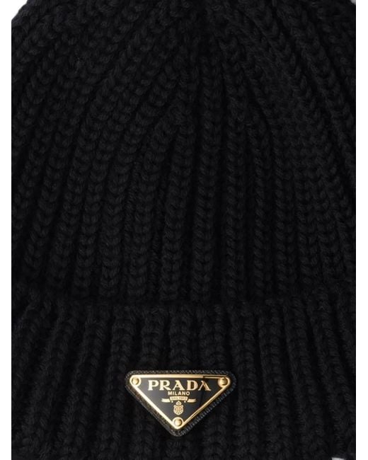 Prada Black Triangle-Logo Knitted Beanie Hat
