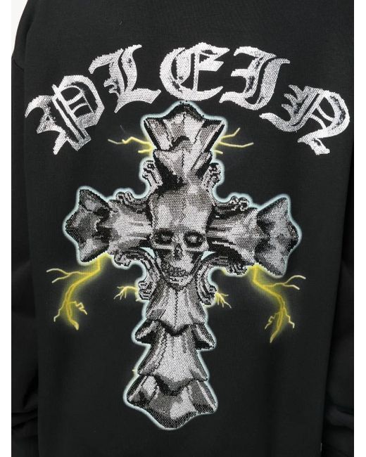 Philipp Plein Black Gothic-Print Rhinestone-Embellished Hoodie for men