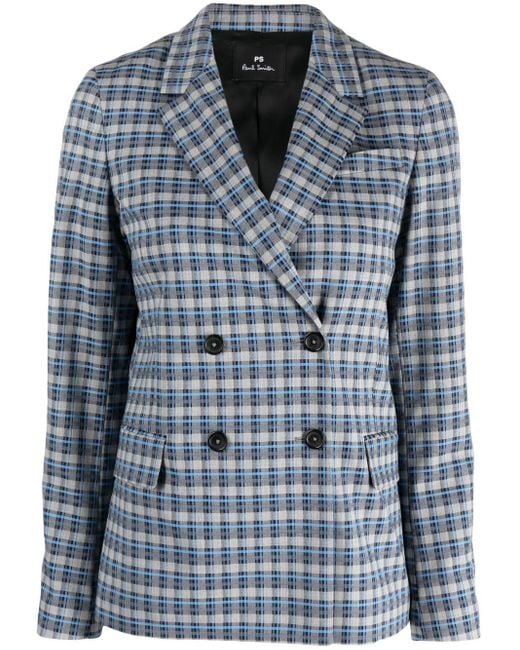 PS by Paul Smith Checked Double-breasted Blazer in het Blue