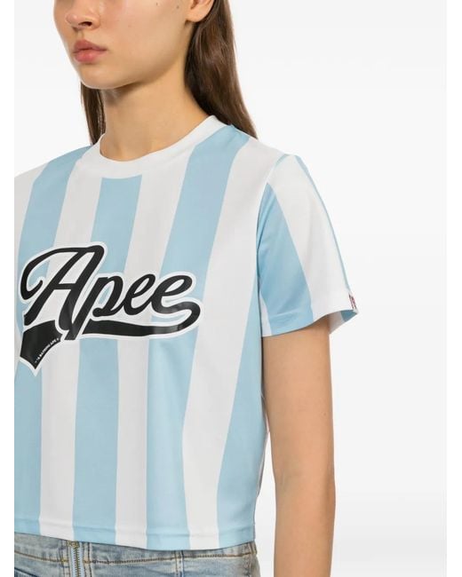 AAPE BY A BATHING AP Blue Vertical-Stripe Logo-Print T-Shirt