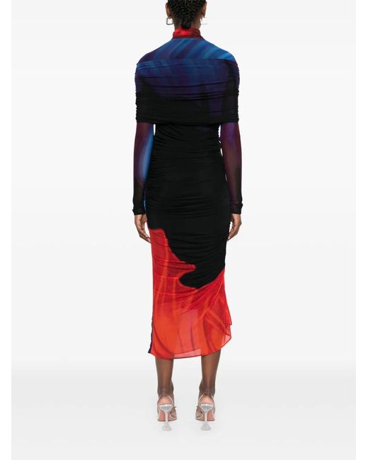 Mugler Black Ruched Sheer Midi Dress