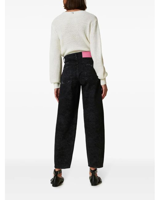 Twinset Blue Distressed Snake-Print Wide-Leg Denim