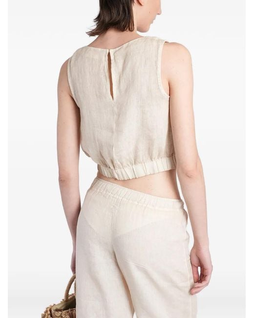 120% Lino White Elasticated-Hem Cropped Top