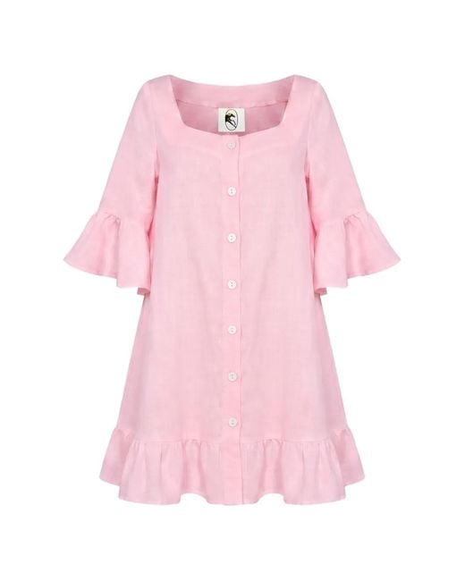 Sleeper Pink Marseille Ruffled Linen Short Dress
