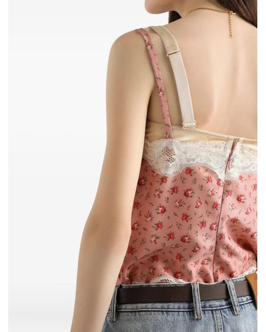Dolce & Gabbana Pink Floral-Print Lace-Trim Top