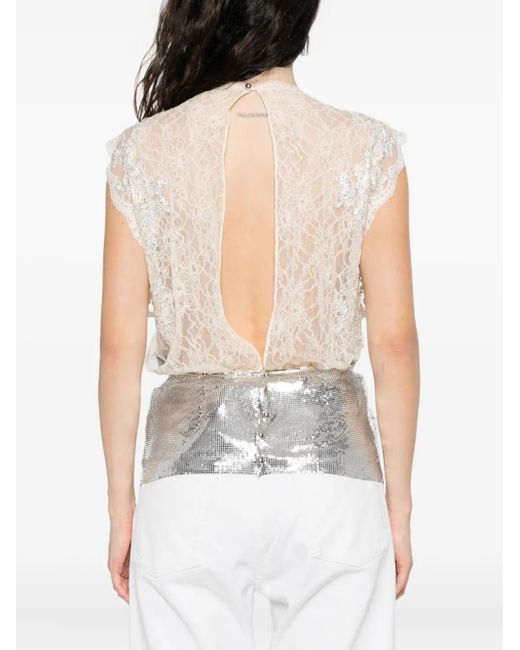 Rabanne White Lace-Insert Mesh Gathered-Waist Top