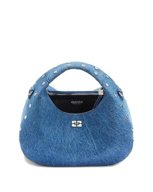 Ganni Blue Stud-Embellished Denim Tote Bag
