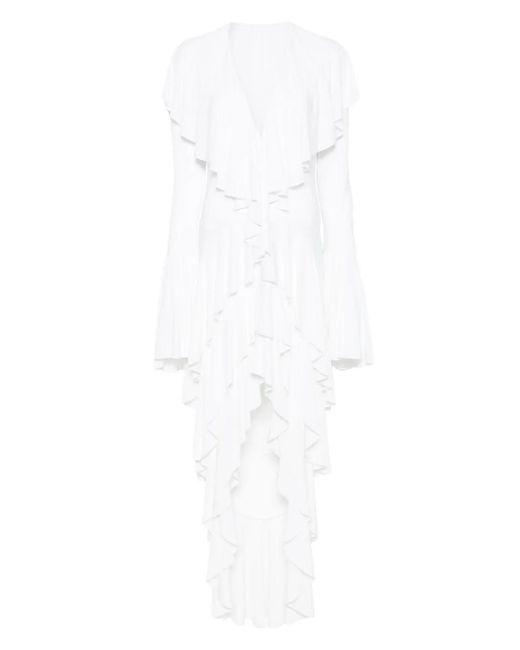 Norma Kamali White Tiered Ruffled Asymmetric Maxi Dress