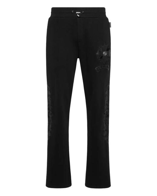 Philipp Plein Black Jogging Pants With Leather Inserts Chrome Crest for men