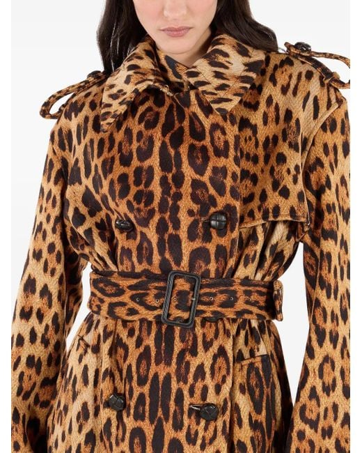 Roberto Cavalli Brown Long Trench Coat With Jaguar Skin Print