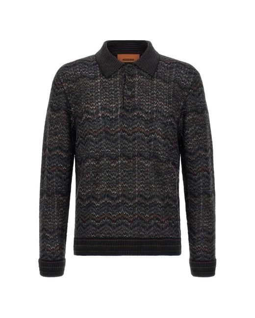 Missoni Black Zigzag-Knit Polo Shirt for men