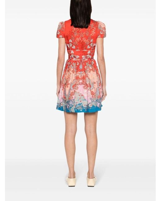 Sandro Red Floral-print V-neck Mini Dress