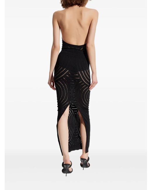 M I S B H V Black Fitted Perforated Long Dress With Slit