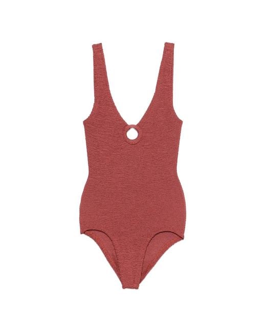 Hunza G Red Covceline Crinkle-Effect Ring-Detail Swimsuit