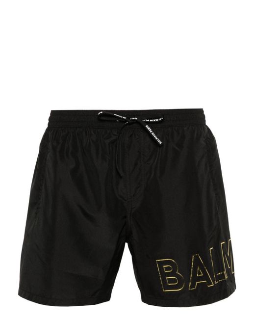 Balmain Black Embossed-logo Swim Shorts for men