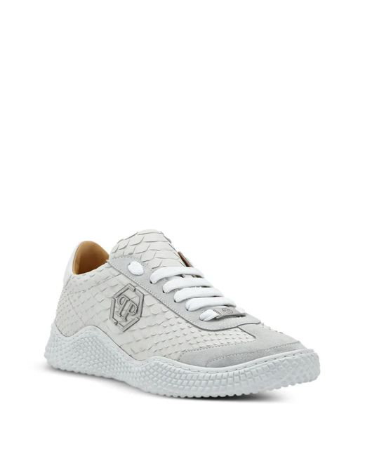 Philipp Plein White Baskets À Empiècements En Peau De Python Et Bords En Daim for men