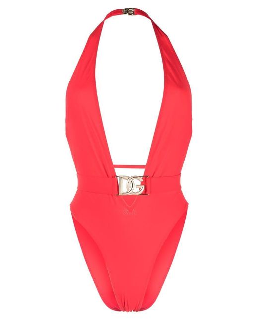 Dolce And Gabbana Plunge Neck Halterneck Swimsuit In Red Lyst