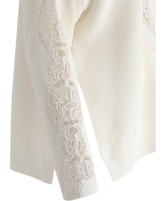 Elie Saab White Knit Top With Lace Inserts