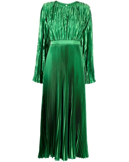 L'idée Green Long-sleeve Plissé Maxi Dress