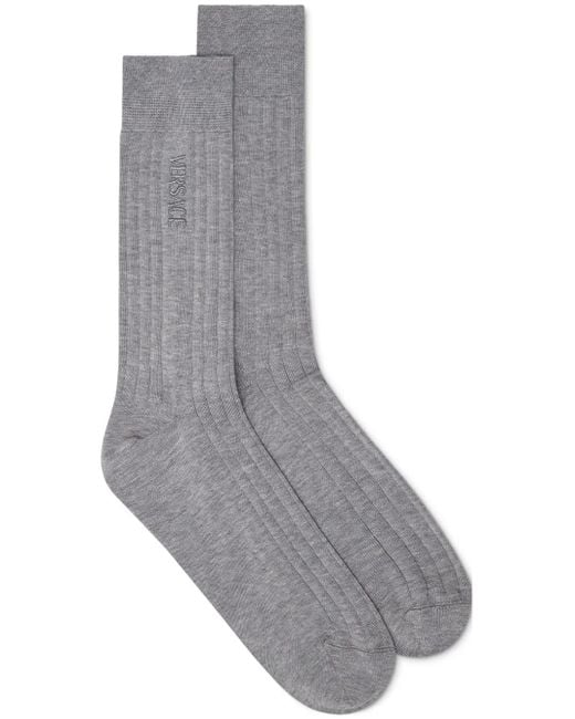 Versace Gray Embroidered-Logo Ribbed Socks for men