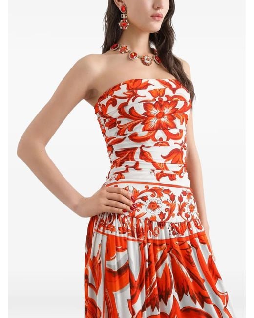 Dolce & Gabbana Red Majolica-Print Organzine Long Dress