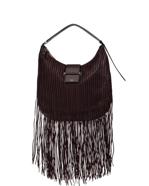 Jimmy Choo Purple Bar Hobo Medium Deep Merlot Biker Leather Shoulder Bag With Suede Fringes