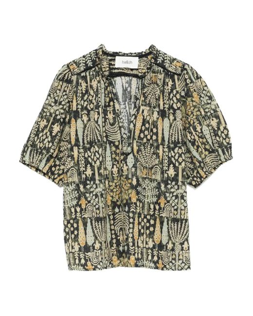 Ba&sh Green Pueblo Puff-Sleeve Floral-Print Blouse